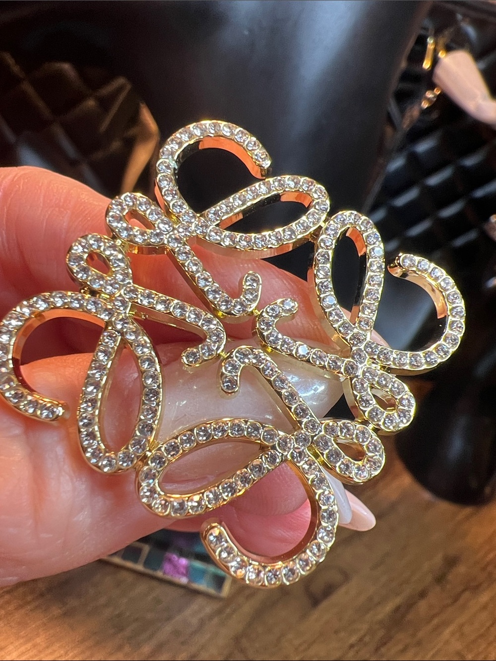 Gold-Tone Script Crystal Brooch - Sparkling Statement Pin